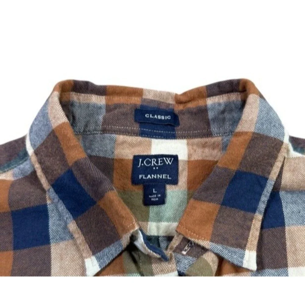 J.Crew Mens Flannel Shirt Size Large Classic Fit Brown Blue Check Plaid Preppy